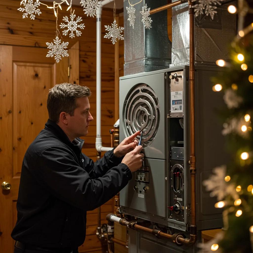 Technician inspecting a furnace in a cozy Wisconsin home during winter preparation