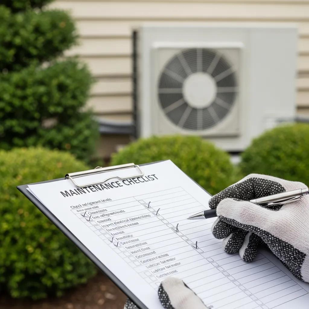 Technician reviewing a detailed heat pump maintenance checklist