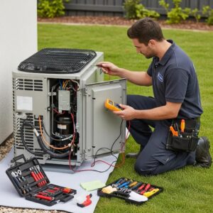 Technician performing preventative maintenance on a heat pump in a residential setting