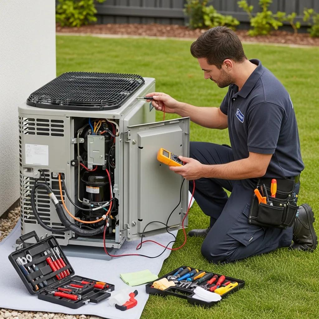 Technician performing preventative maintenance on a heat pump in a residential setting